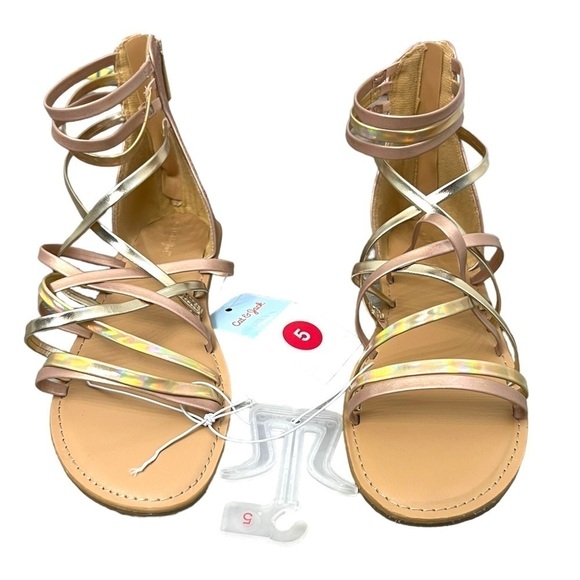 Cat & Jack Girls Metallic Rose Gold Dion Zipper Ankle Strap Sandals - Size 5 - Picture 1 of 9